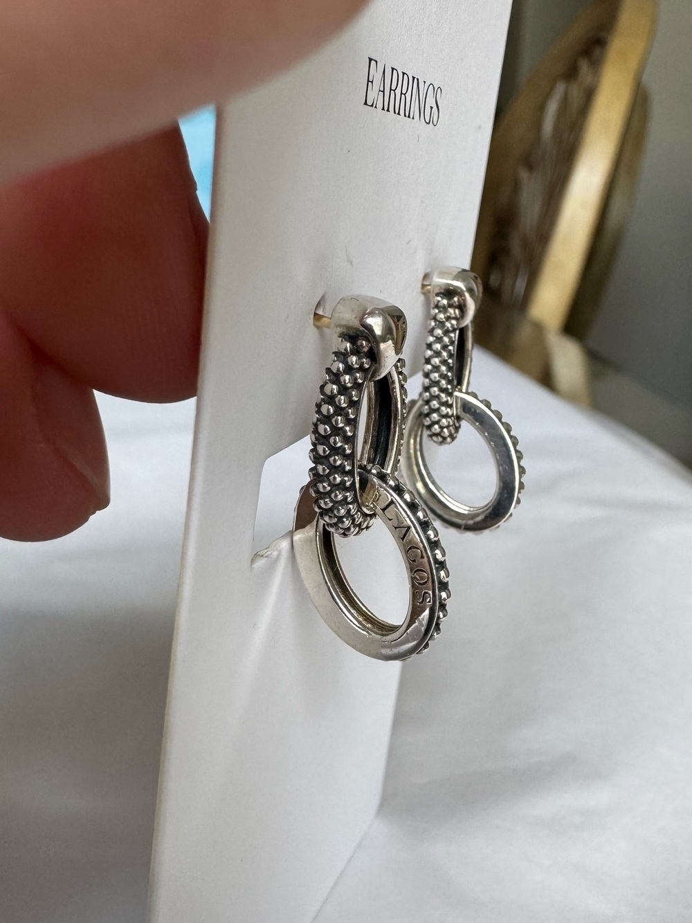 LAGOS Signature Double Oval Caviar Beaded Drop Earrings 925 Sterling Silver - Picture 3 of 9